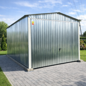 Garaż blaszany 3x5- blacha ocynkowana, dach dwuspadowy, brama podnoszona do góry