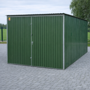 Garaż blaszany 3x5- blacha w kolorze RAL 6020 zielony mat, spad dachu na tył, drzwi dwuskrzydłowe