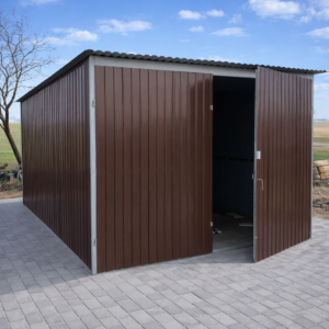 Garaż blaszany 3x5- blacha w kolorze RAL 8017 brąz, spad dachu na tył, drzwi dwuskrzydłowe