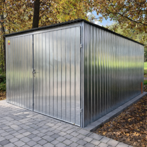 Garaż blaszany 3x5- blacha ocynkowana, spad dachu na tył, drzwi dwuskrzydłowe