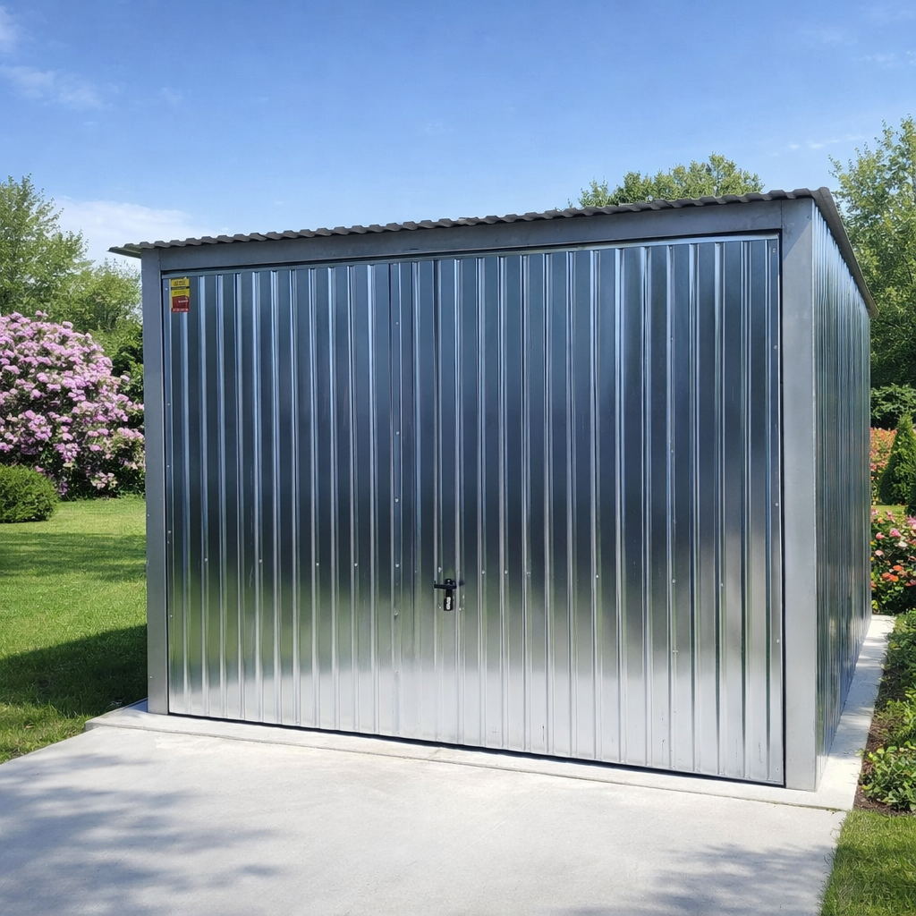 Garaż blaszany 3x5- blacha ocynkowana, spad dachu na tył, brama podnoszona do góry - obrazek 2