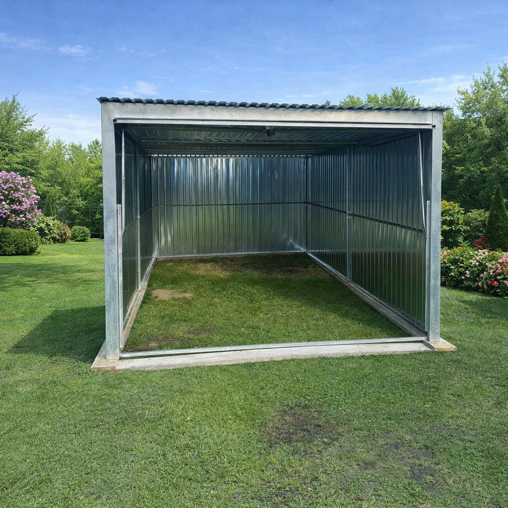 Garaż blaszany 3x5- blacha ocynkowana, spad dachu na tył, brama podnoszona do góry - obrazek 3