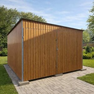 Garaż blaszany 3x5- blacha drewnopodobna dąb multigloss, spad dachu na bok, drzwi dwuskrzydłowe
