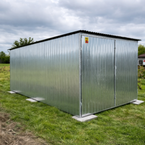 Garaż blaszany 3x5- garaż z materiałów II gatunku, spad dachu na tył, drzwi dwuskrzydłowe