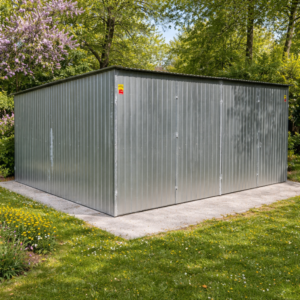 Garaż blaszany 6x5- garaż z materiałów II gatunku, spad dachu na tył, 2x drzwi dwuskrzydłowe