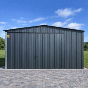 Garaż blaszany 4x5- blacha w kolorze RAL 7016 mat, dach dwuspadowy, brama podnoszona do góry, profil 30x30