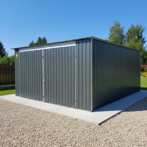 Garaż blaszany 4x5- blacha w kolorze RAL 7016 grafit mat, spad dachu na tył, drzwi dwuskrzydłowe