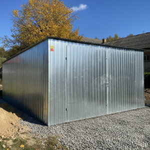 Garaż blaszany 4x6- blacha ocynkowana, spad dachu na tył, drzwi dwuskrzydłowe