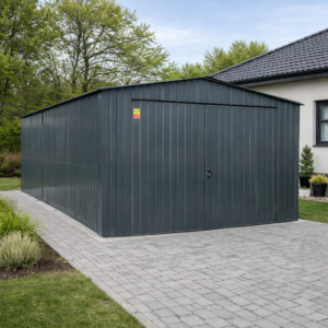 Garaż blaszany 4x6- blacha w kolorze RAL 7016 grafit, dach dwuspadowy, filc antykondensacyjny, brama podnoszona do góry, obróbka blacharska narożników