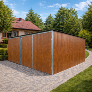 Garaż blaszany 6x5- blacha w kolorze drewnopodobnym dąb multigloss, spad dachu na tył, 2x drzwi dwuskrzydłowe